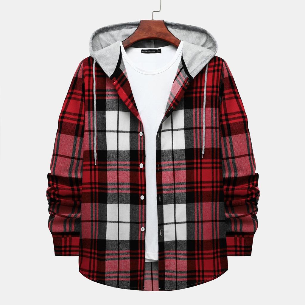 Autumn New Men's Casual Fashion Couple Hooded Plaid Long Sleeve Shirt Trend
