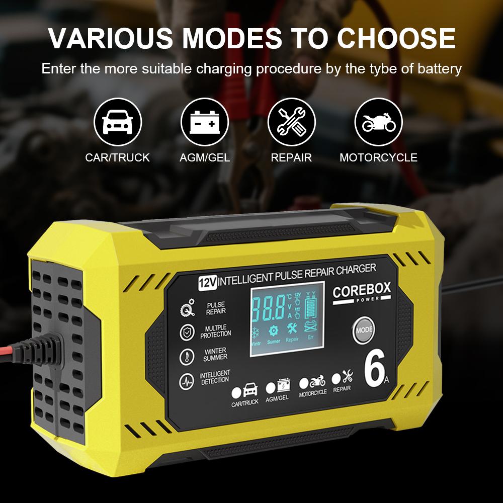 High Power For Motorcycle SUV Truck Pulse Repair Battery Charging Intelligent LED Display Smart Car Battery Charger Multifunctional 12V/6A