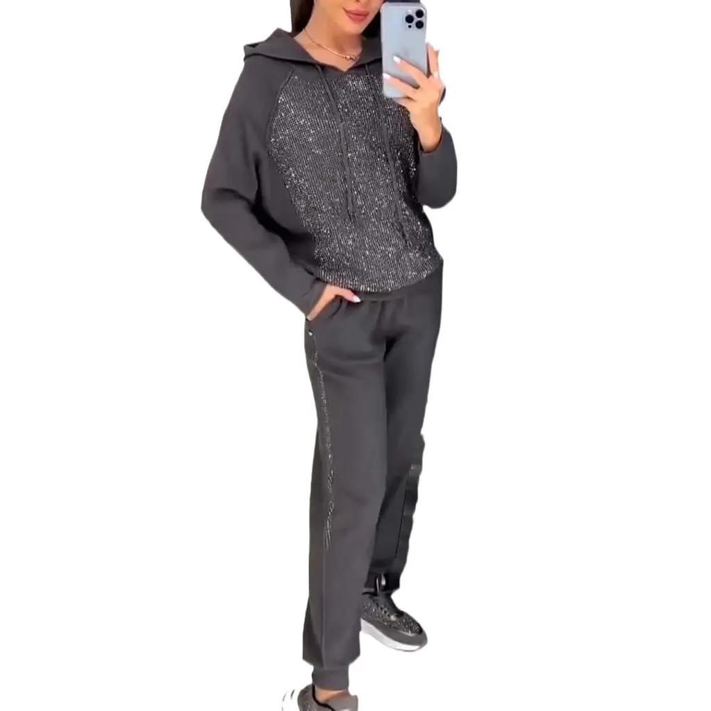 Women's Sets Plus Size Solid Color Long Sleeves with Pockets Rhinestone Hooded Sweatshirt Trousers 2 Piece Set