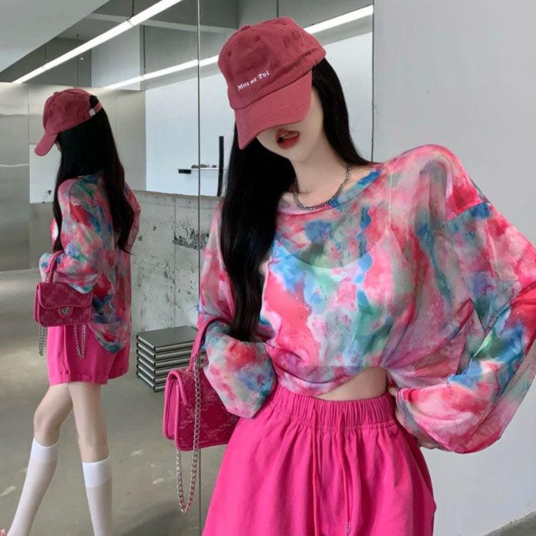 Tie-Dye Mesh Long-Sleeve T-shirt for Women Summer Thin and Semi-Sheer Sun Protection Top