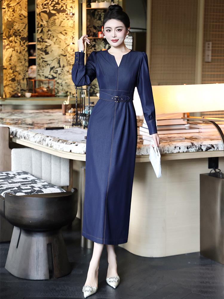 2026 Spring Women's Long Sleeve Elegant Denim Slit Dress