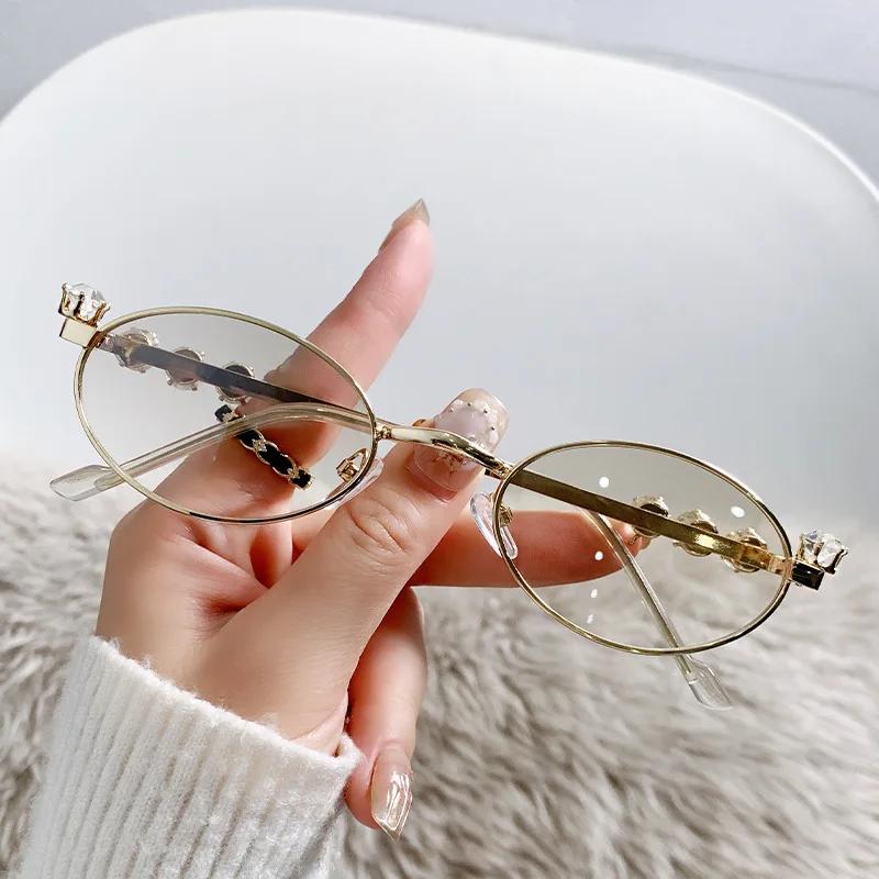 Fashion Metal Oval Glasses for Women with Rhinestone Diamonds UV400 Sunglasses Unisex Bling Eyewear Frames New In