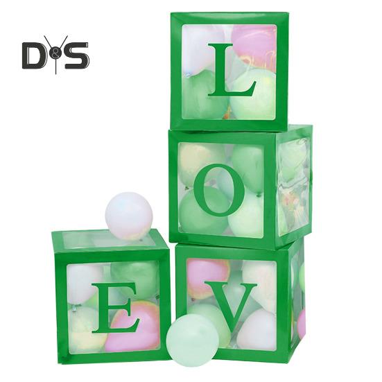 4 Stück Ballonbox zum Selbstzusammenbauen, transparente Papierbox, Ballonbox mit Buchstaben, wiederverwendbar, stapelbar, Würfel, dekorative Box für Party, Hochzeit, Geburtstag