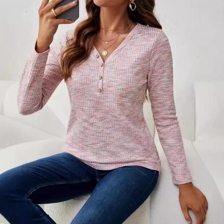 GMXIA Autumn V-Neck Loose Long Sleeve T-shirt Button Top Women