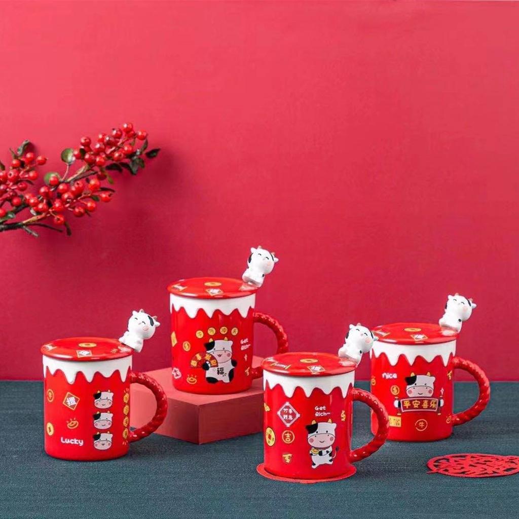 Lovol Ceramics Glad Röd Mjölkkopp Söt Tecknad Semesterpresent Kopp Blomstrande Mugg Med Lock