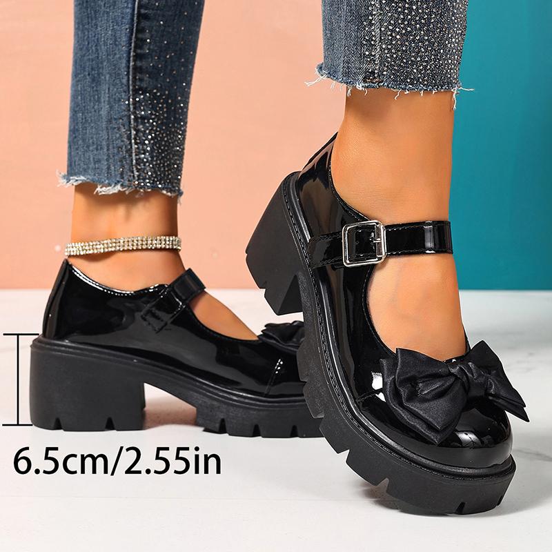Fashion Fashion Bowknot Mary Jane Platform Shoes Woman Black Patent Leather Chunky Heel Pumps Women Plus Size Buckle Strap Lolita Shoes