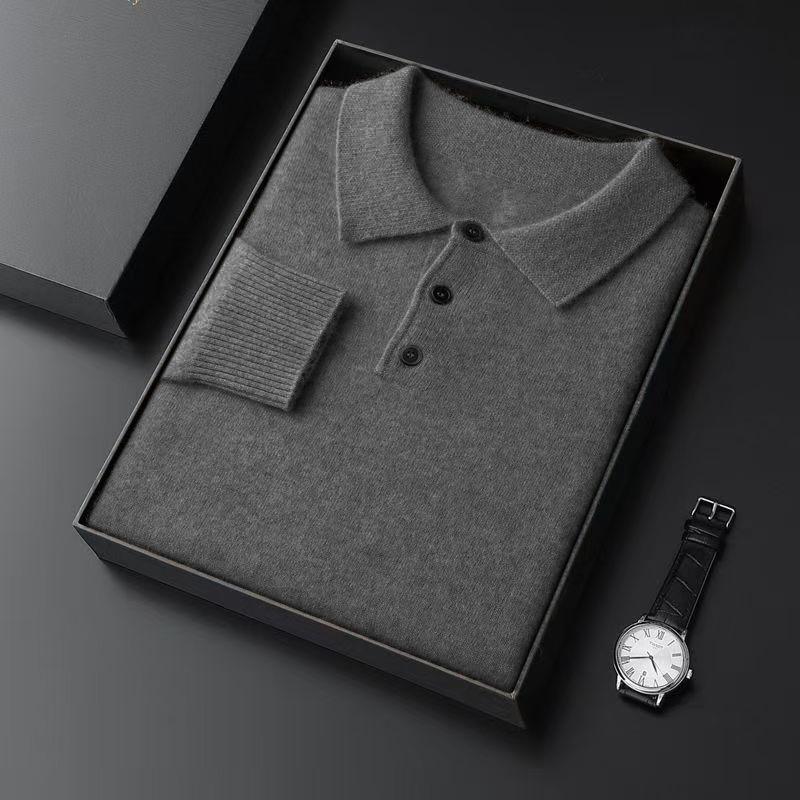 

Autumn Mens Knit Pullover Sweater Lapel Slim Fit Button Pullover Heavyweight Polo Sweaters Outdoor Winter Warm Solid Streetwear XL темно-серого