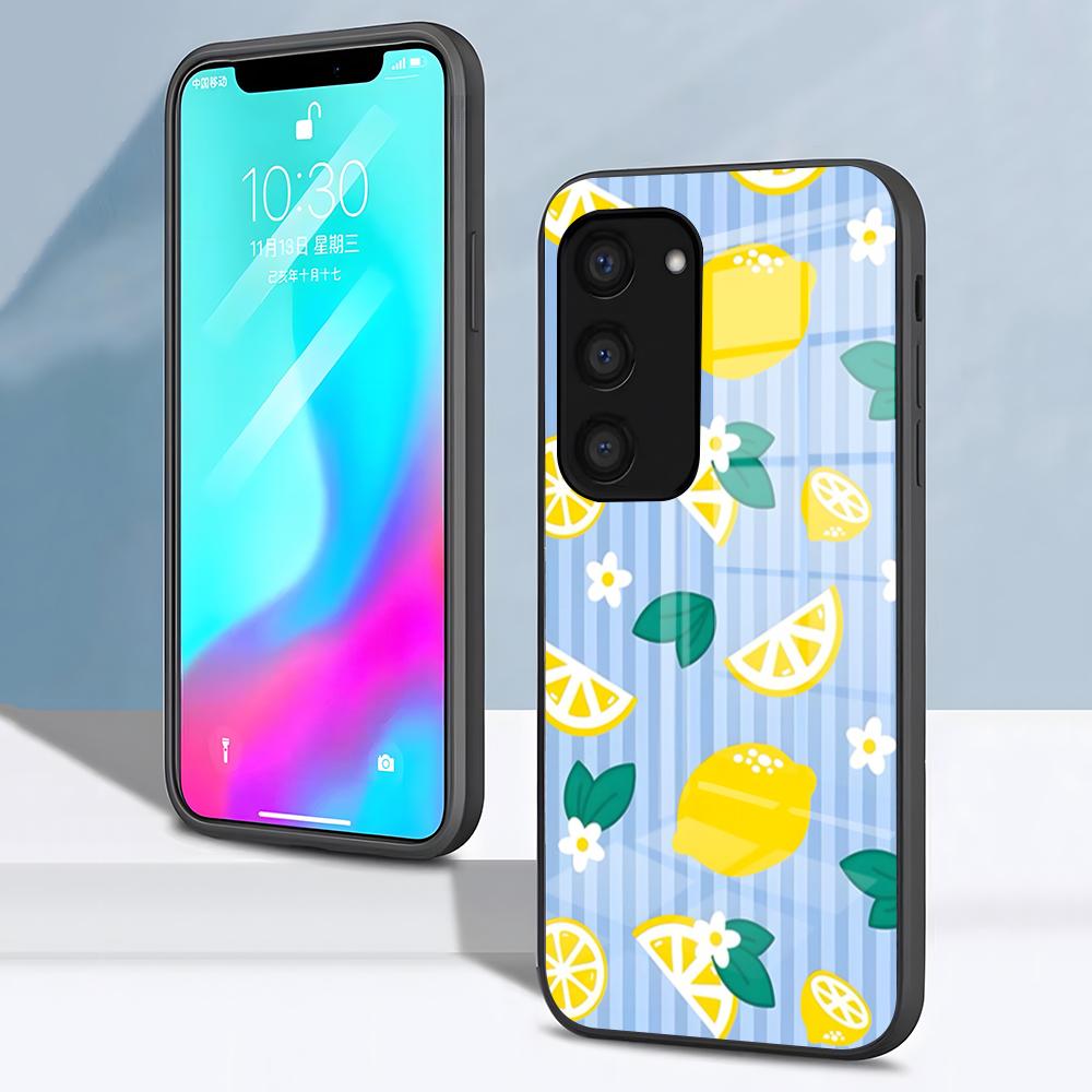 Fruit Lemon Phone Case For Samsung S26 S25 S24 FE S23 S22 S21 Plus S20 Ultra Note20Ultra Black Glass Cover