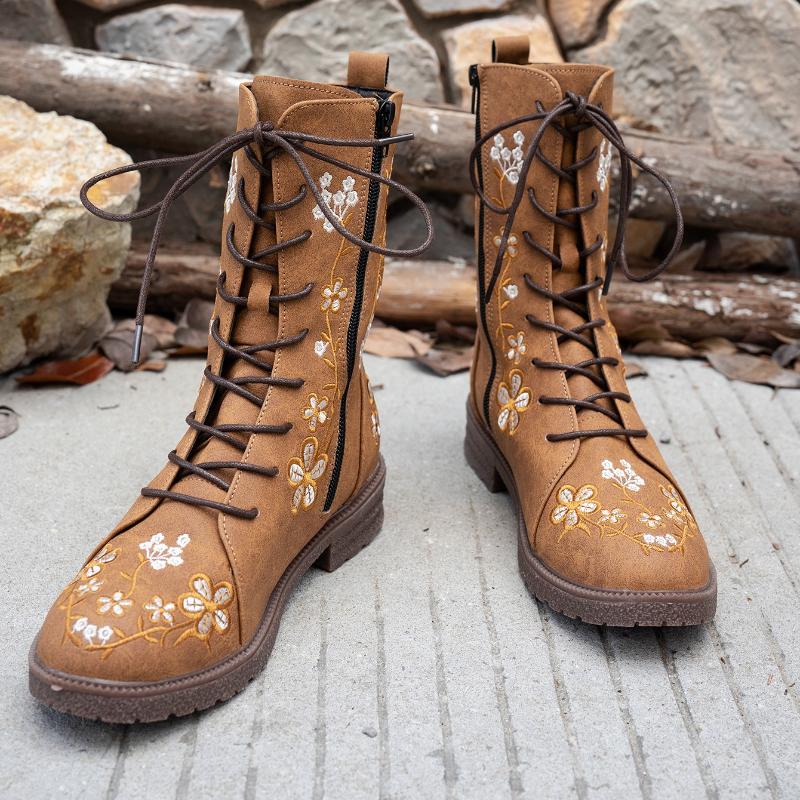 Woman Ankle Boots Retro Embroidery Spring Autumn Shoes Women Casual Thick Low Heel Side Zip Western Round Head Fashion Botines