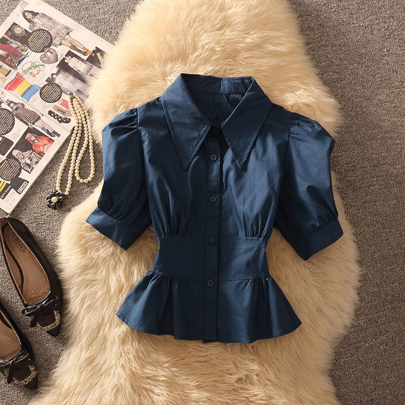 

Stylish Unique Short Waist-Cinching Shirt Beautifully Designed Korean Style Bubble Sleeve Neck Regular Fit Summer Shirt XS темно-синий