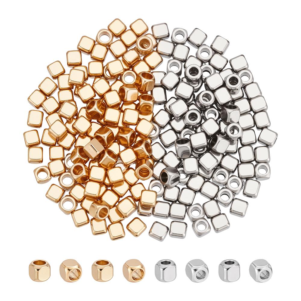 1set 200pcs 2 colors 201 Stainless Steel Beads Cube Golden & Stainless Steel color 2x2x2mm Hole: 1mm 100pcs/color