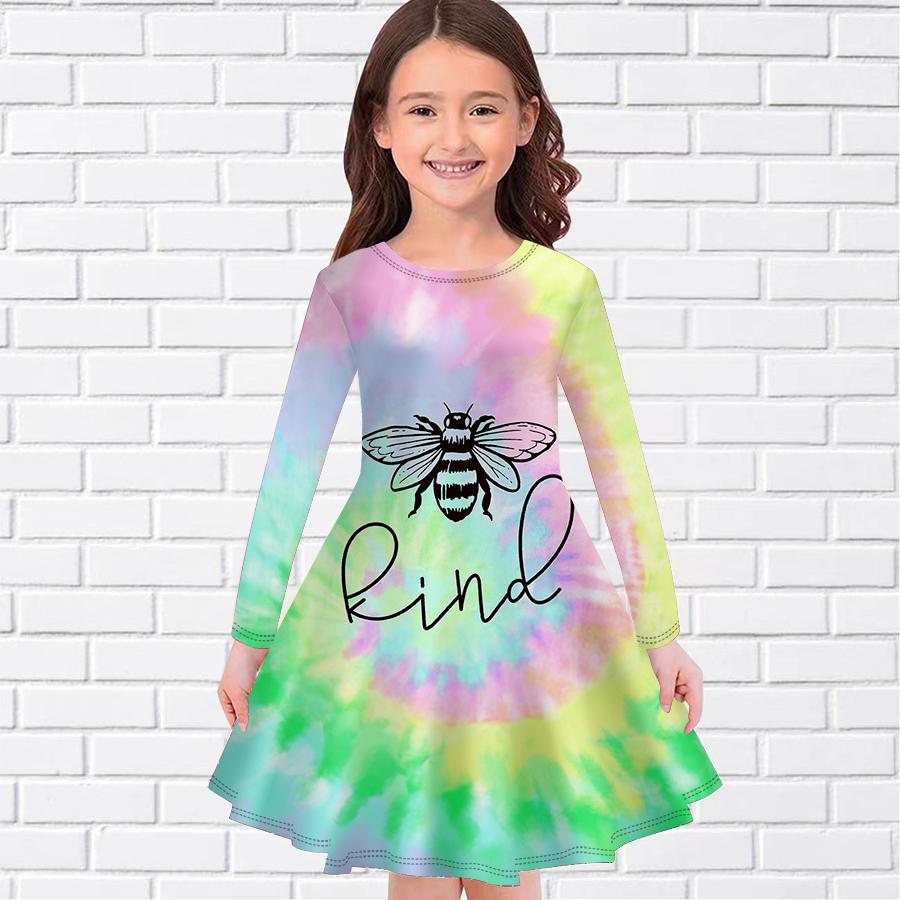 Girl Casual Little Bee Print Round Neck Long Sleeve Dress Kid Princess Dress