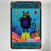 Vintage Style Metal Sign Blue Background Whimsical Black Cat Underwater Snorkeling with Fish & Coral Retro Wall Decor for Bar Pu