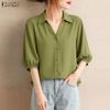 Women Casual Turn Down Collar Solid Color Loose Half Sleeve Blouse