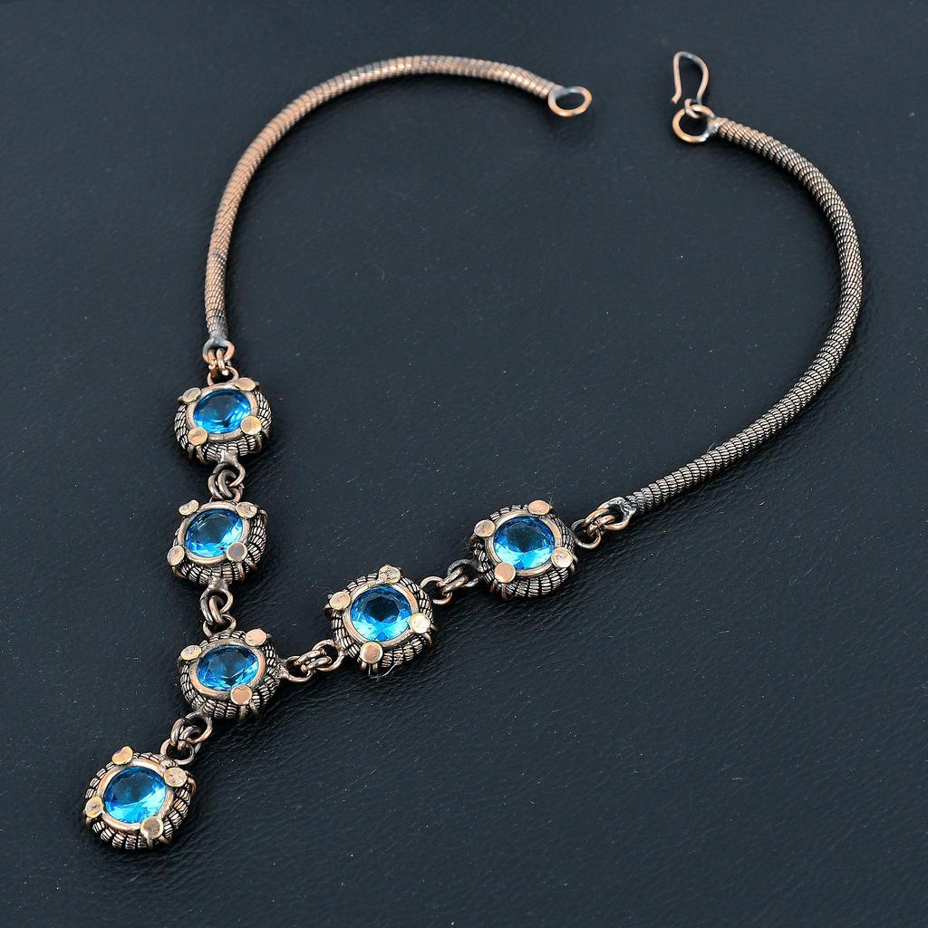Blue Topaz Necklace Handmade Jewelry, 999 Copper Wire Wrapped Necklace Designer Gemstone Jewelry Adjustable Chain Necklace Gift For Mom