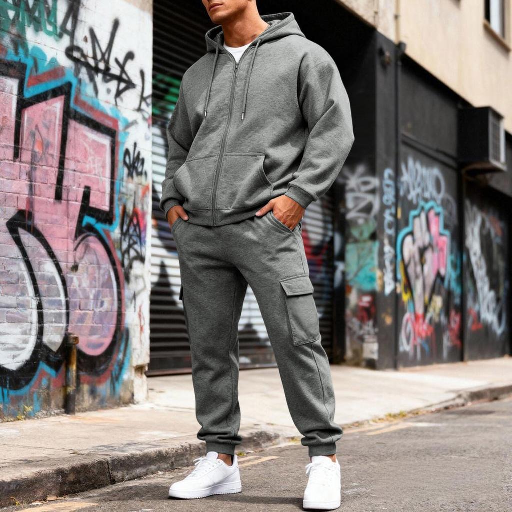 Men's Fleece-Lined Thermal Two-Piece Tracksuit | Color Hooded Sweatshirt Jacket & Elastic Waist Cargo Joggers For Casual Outdoor