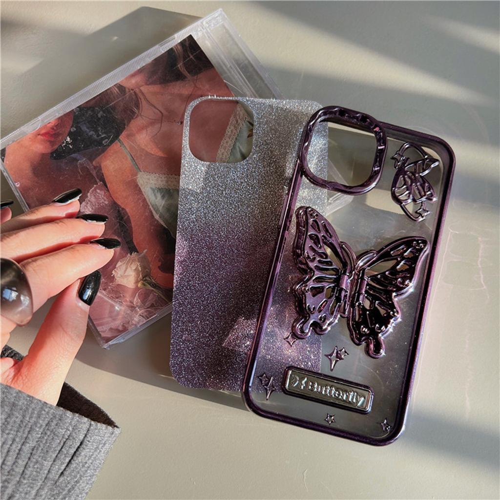 Luxury Plating 3D Butterfly Glitter Powder Phone Case for iPhone 15 14 13 12 11 Pro Max 15 Pro Stand Holder Soft TPU Case Cover