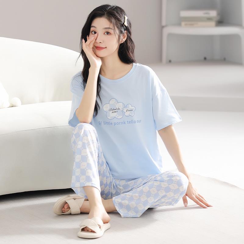 

Women s Cotton Cartoon Pajama Set - Short Sleeve, Long Pants, Round Neck, Suitable for Outdoors XL