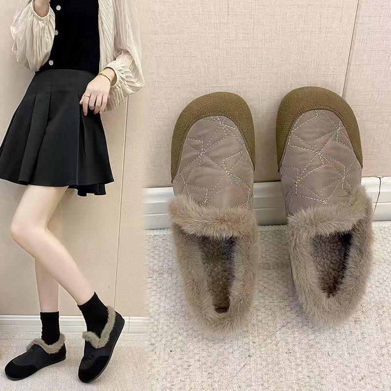 2025 winter new velvet round head one-pedal warm beanie shoes women's retro down fabric lamb wool cotton shoes