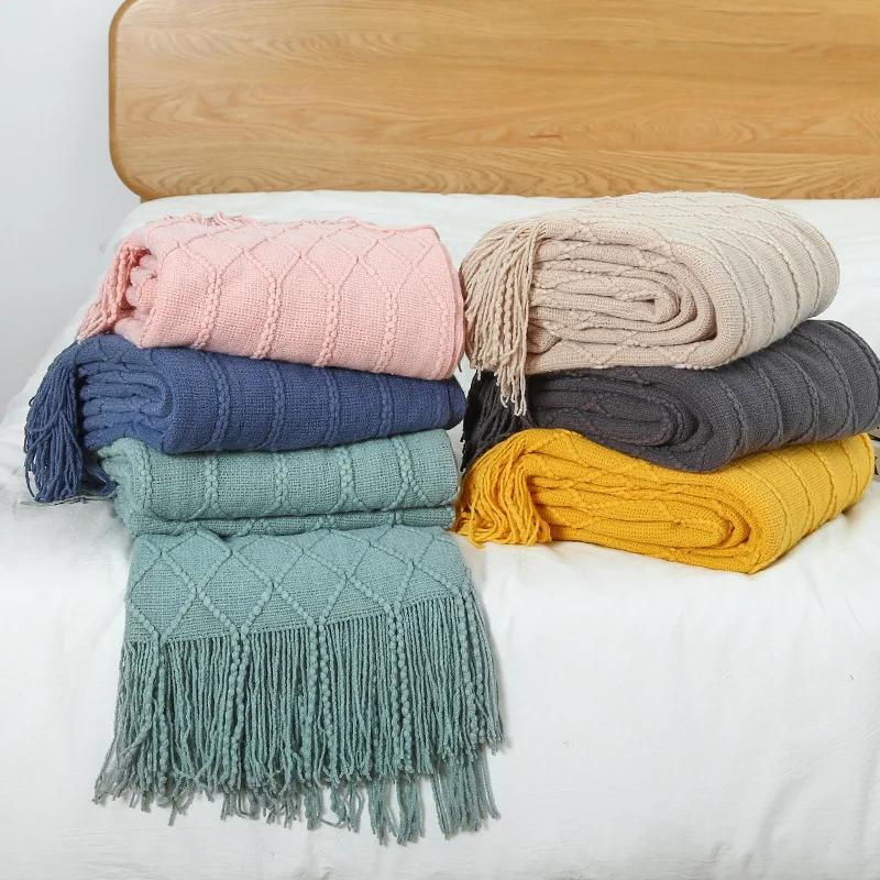 Nordic Knitted Throw Blankets with Tassels Khaki Cream Grey Vintage Blankets Luxury Bed Sofa Couch Oversized Bedspread Cover