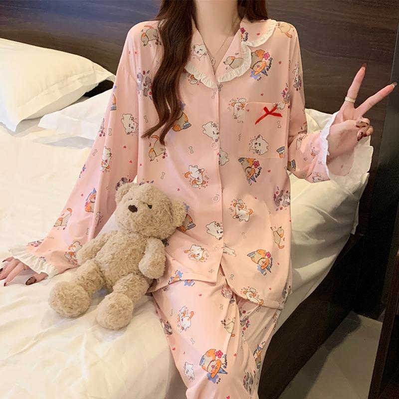 Birthday Arty Soft Cute Dog Cartoon Imitation Cotton Suit Pink Pajamas Women's Spring Loungewear Long Sleeves Trousers
