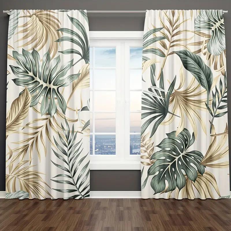 2 ks Závěs s potiskem palmových listů, Okenní dekorace s tunýlkem na tyč pro ložnici, kancelář, kuchyň, obývací pokoj, pracovnu, domácí dekorace, dekorace pokoje