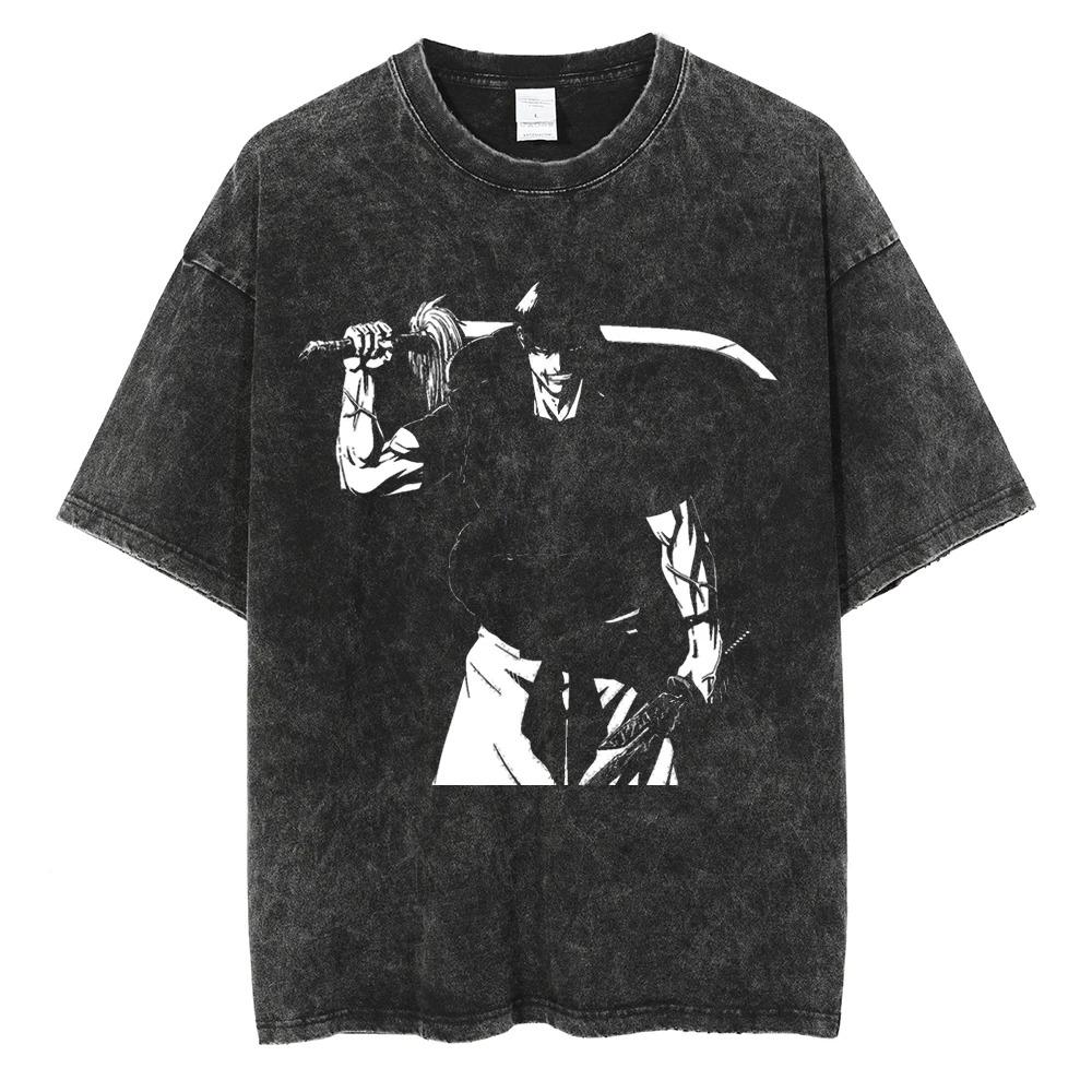 Men Harajuku Black Washed T-Shirt Streetwear Japan Anime  Graphic Cotton Casual Tshirt Summer Short Sleeve Tops T Shirt