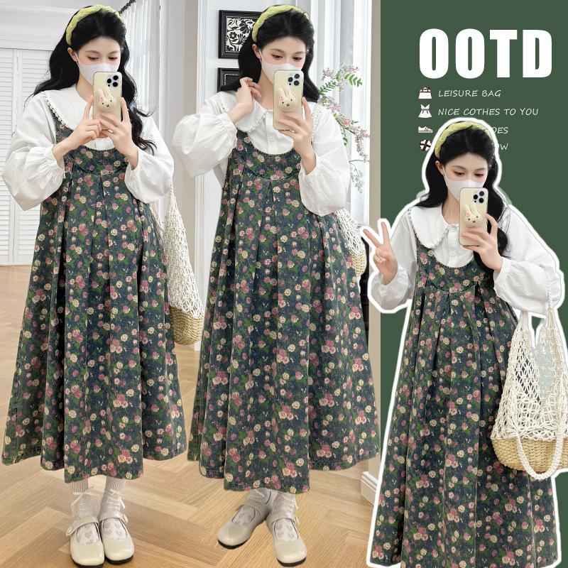 2026 Spring Korean Floral Embroidery Denim Pinafore Maternity Dress Set M