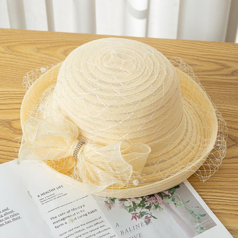 Curled Mesh Top Hat Summer Women's Fashion Hat Flower Veil Shade Basin Hat Sunscreen Sun Hat Large Brim
