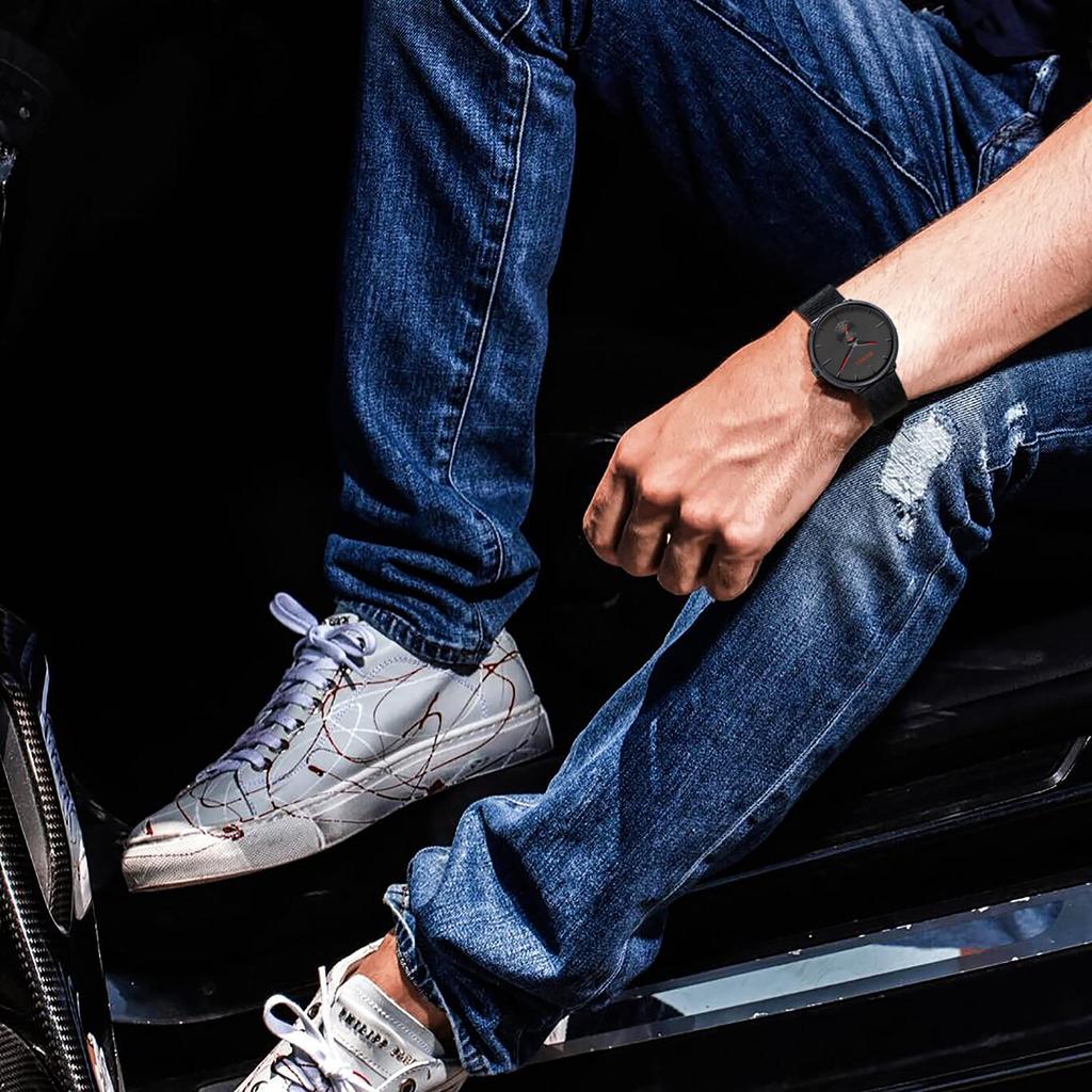 BUREI Men's Black Watch, Simple, Stylish, Popular, Waterproof, Stylish Brand, Men's Watch (Red, Stainless Steel)