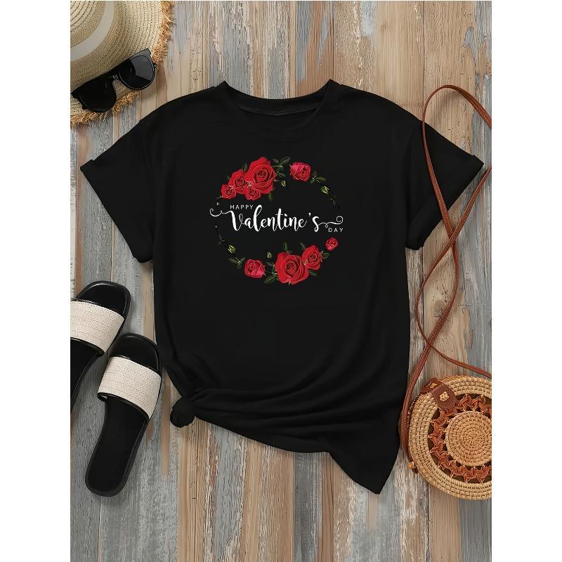 

Casual Short-Sleeve Crew Neck T-Shirt with Graphic Print, Perfect for Summer and Spring, Designed for Women 4XL чорний