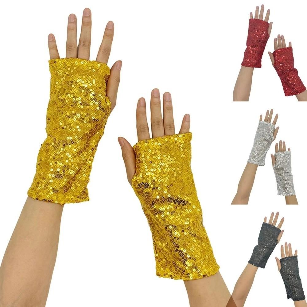 Guanti da Palco Riflettenti con Paillettes Dita Scoperte Elastiche Accessori per Performance Cosplay
