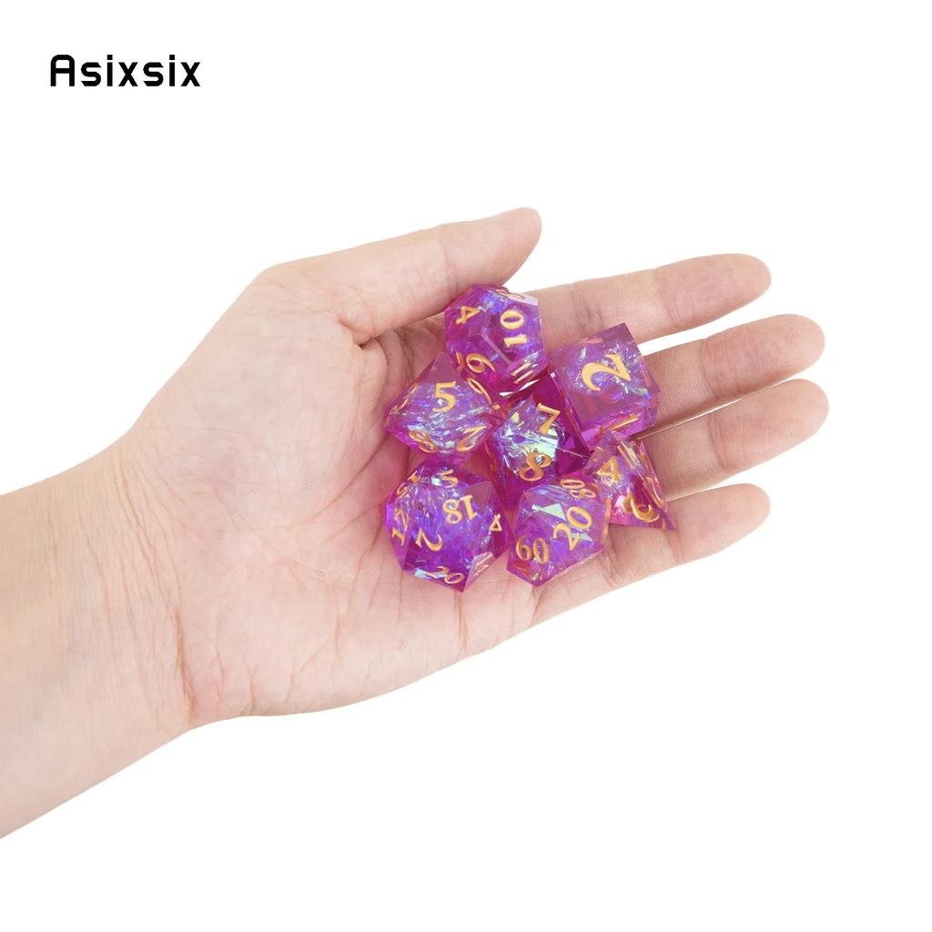 7 Pcs Purple Pink Resin Golden Number Sharp Edge Dice Polyhedral Dice Suitable For Role-Playing Dice PropBoard Game