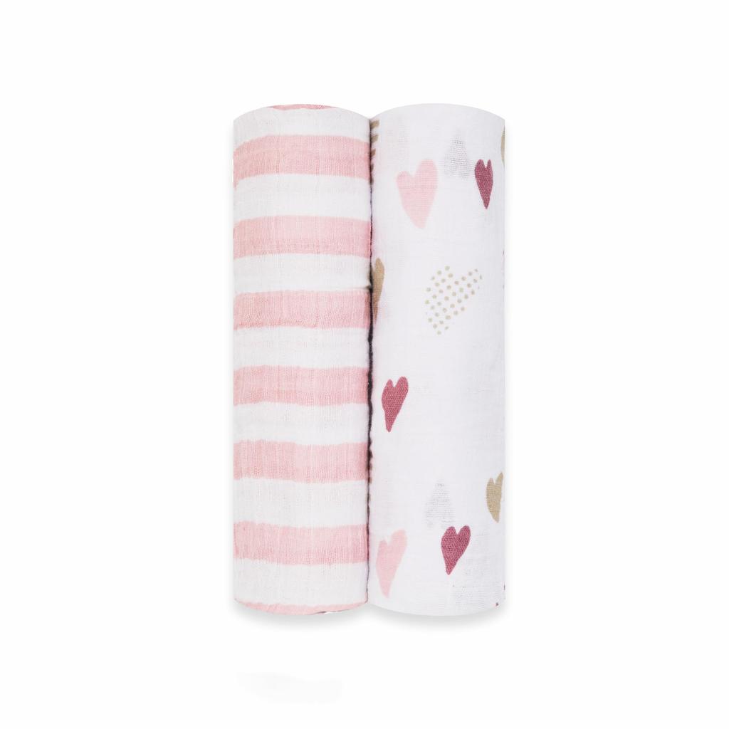 Aden + Anais Heartbreaker Swaddles, Set of 2, 120x120cm, Muslin Cotton Swaddles, Baby Gift, SWADAB4055