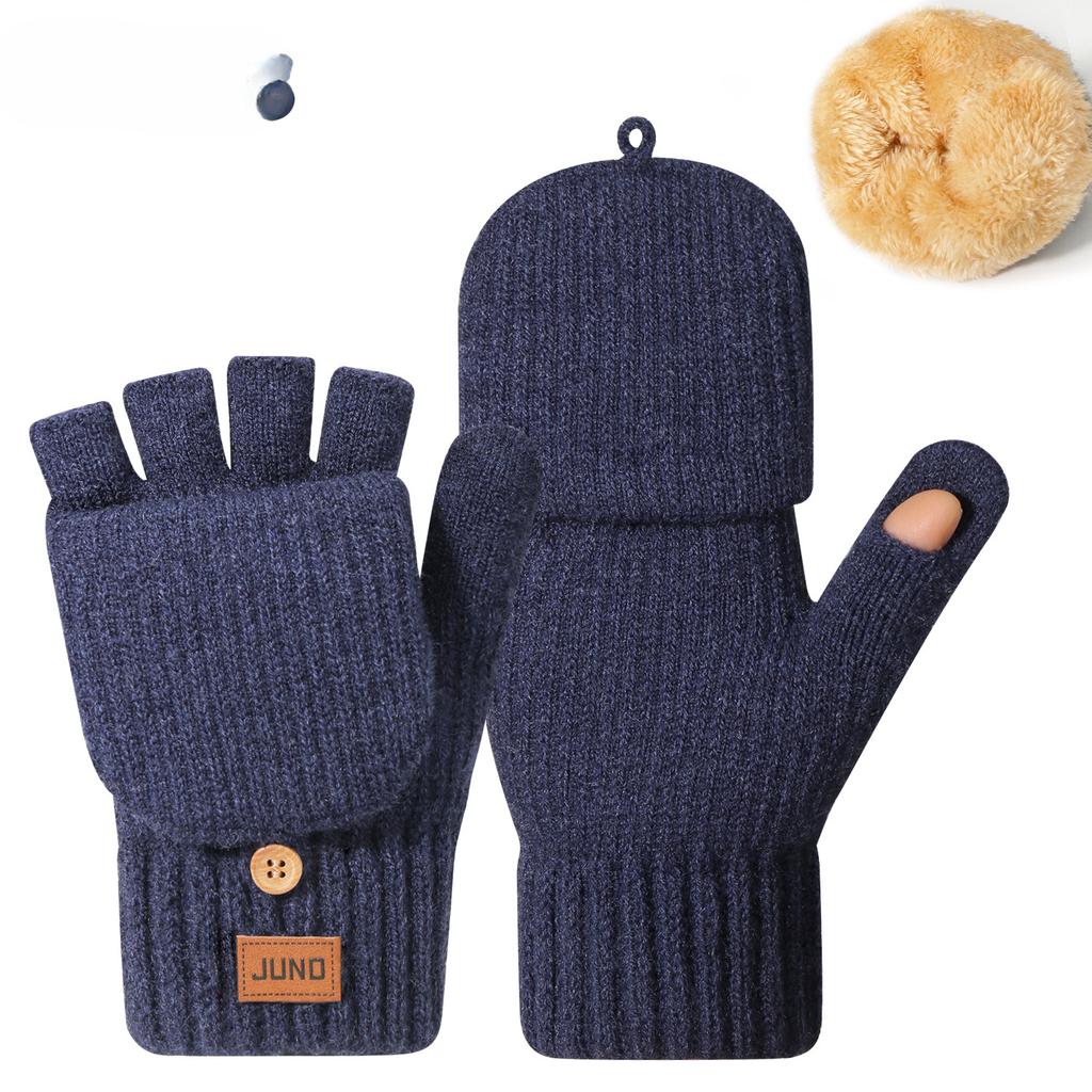 Thickened Half Finger Gloves In Autumn and Winter  Plus Velvet Knitted Cold and Warm  Half Part Writing Yarn Leaking Finger Gloves