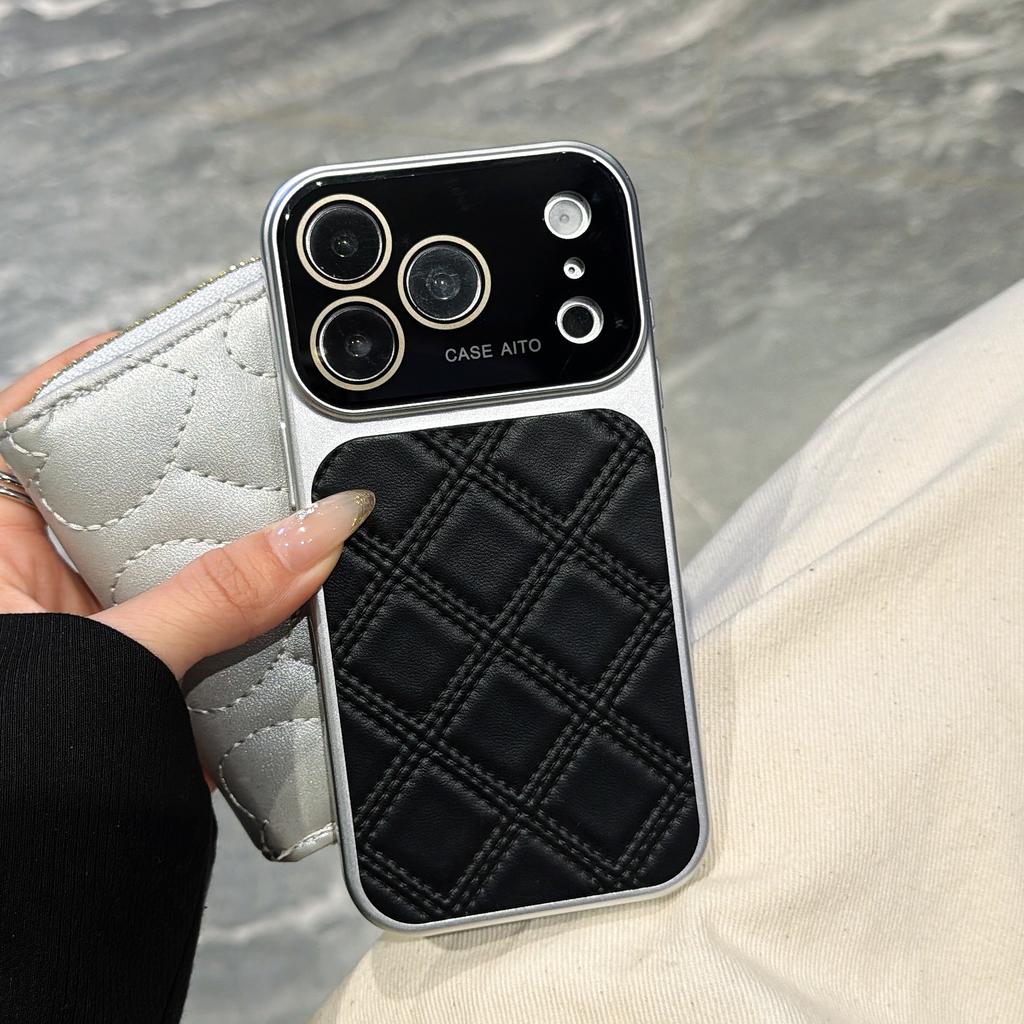 Large Window Diamond Grid PU Leather Phone Case for iPhone 13 17 ProMax 16 15 14 Pro Max Glass Lens Protecti Cover Funda