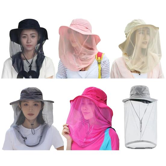 Mosquito Head Net Hat Sun Protection Bucket Hat with Hidden Net Mesh Foldable Fly Protection Netting Hat for Outdoor Fishing Hiking
