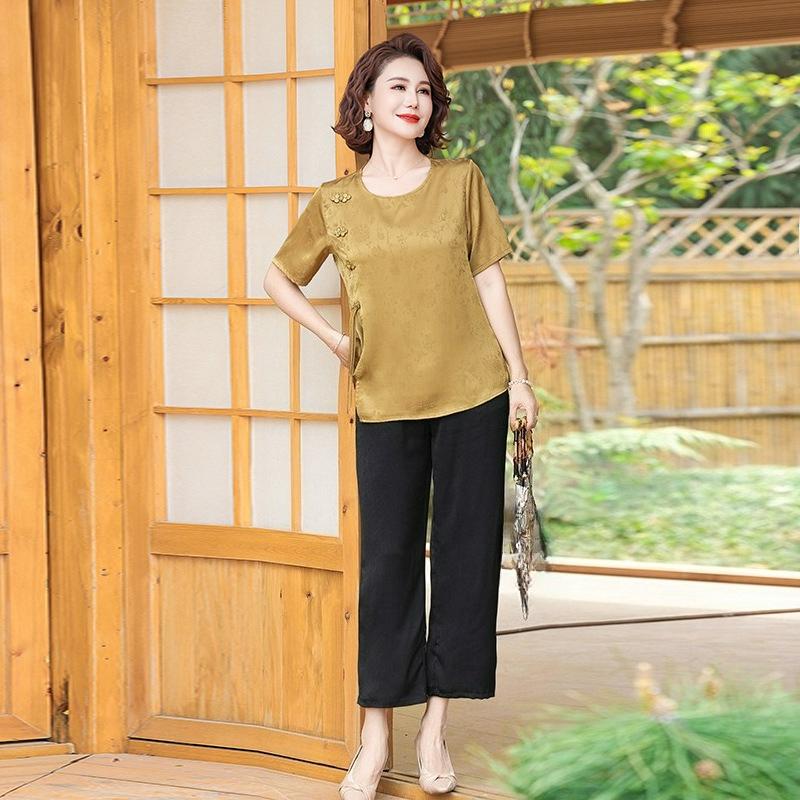 Mother's Summer Clothes, Chinese Style, National Style T-shirt, Small Shirt Suit, Western Style Women's Two-piece Suit