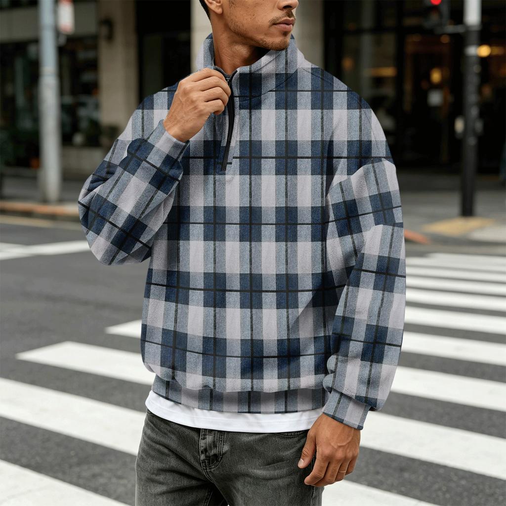 Men's Plaid Quarter-Zip Long Sleeve Flannel Sweatshirt Casual