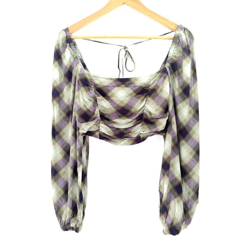 

UO Organza Patchwork Sleeve Midriff Outfit Soft Glutinous Square Collar Long Sleeve Tops Gingham Green B XS