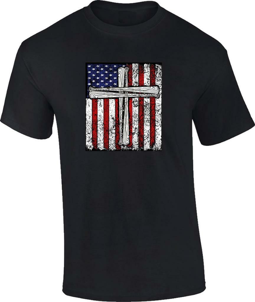 Patriotic Christian American Flag Cross Bats T-Shirt S