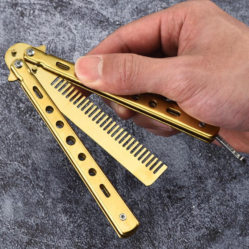 1Pcs Stainless Steel Practice Training Butterfly Knife Comb Beard Moustache Brush Salon Hairdressing Styling Tool Foldable Comb
