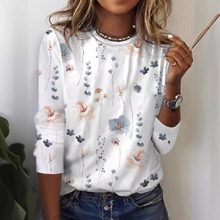 2023 European American Fashion Women Long Sleeve T-Shirt Floral Print Cross Border Trendy