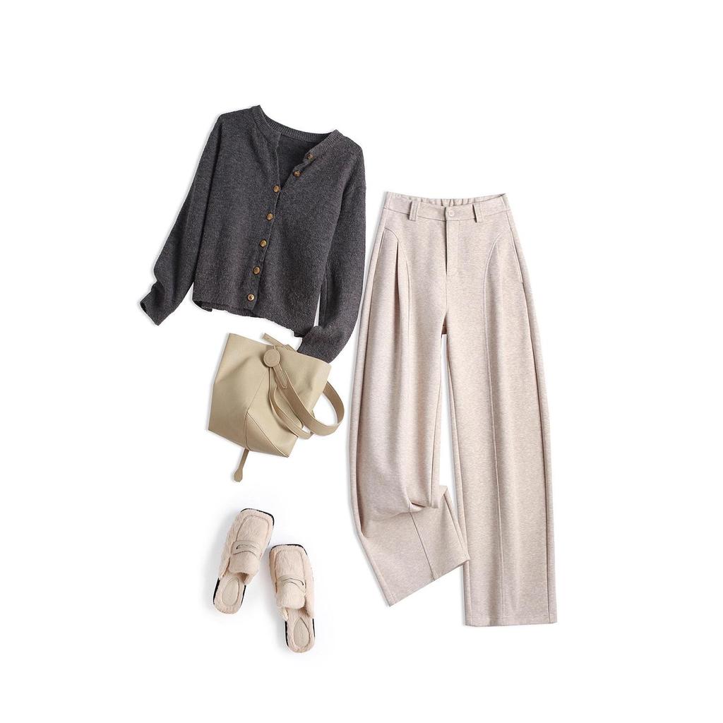 Mulberry Silk Wool Wide-Leg High Waist Pants for Women - Autumn/Winter Casual Drape with Velvet Lining.