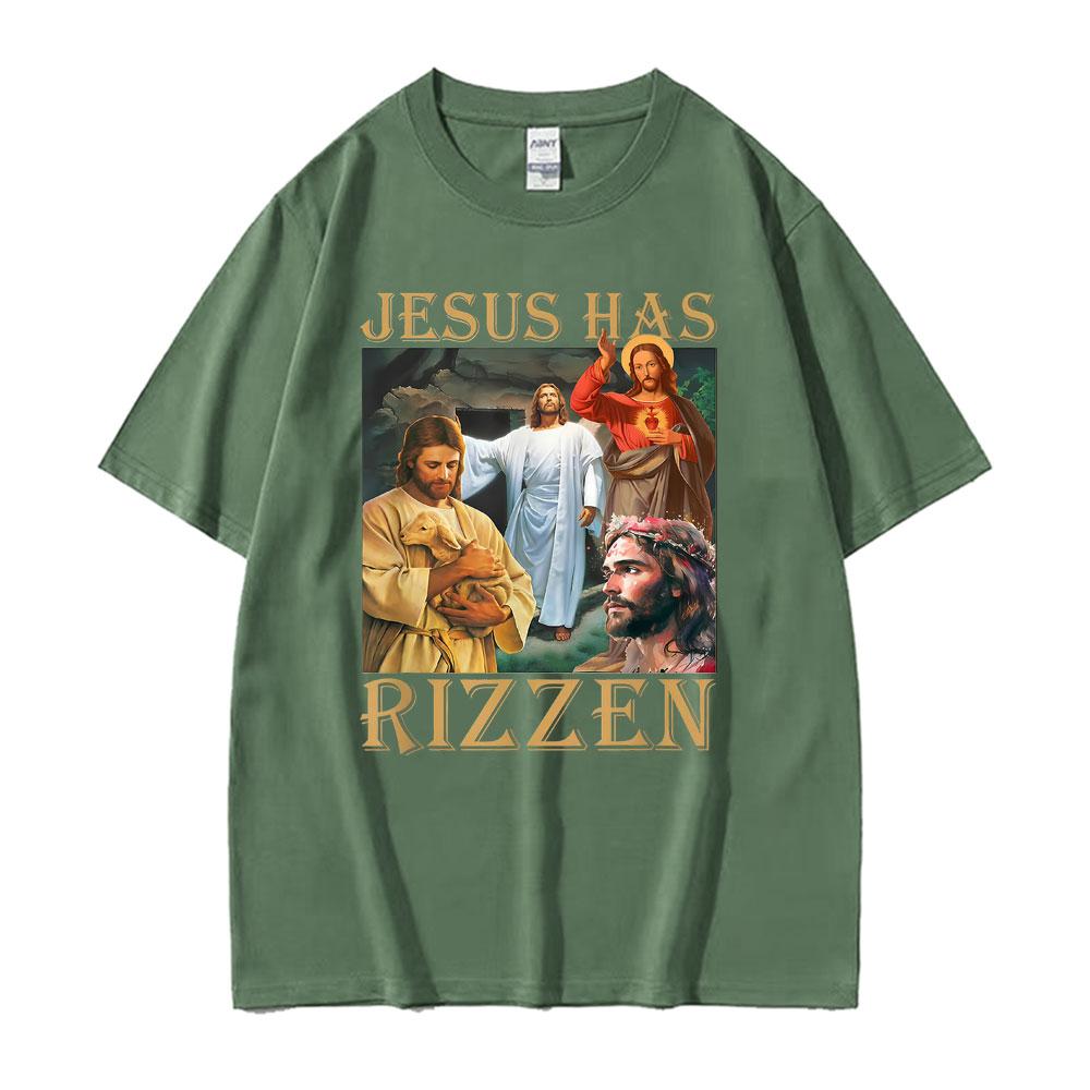 Jesus Has Rizzen Jesus Funny T Shirts Mens Clothing Summer Short Sleeve Pop Vintage Trend Cool Tshirt Cotton Oversized T Shirt