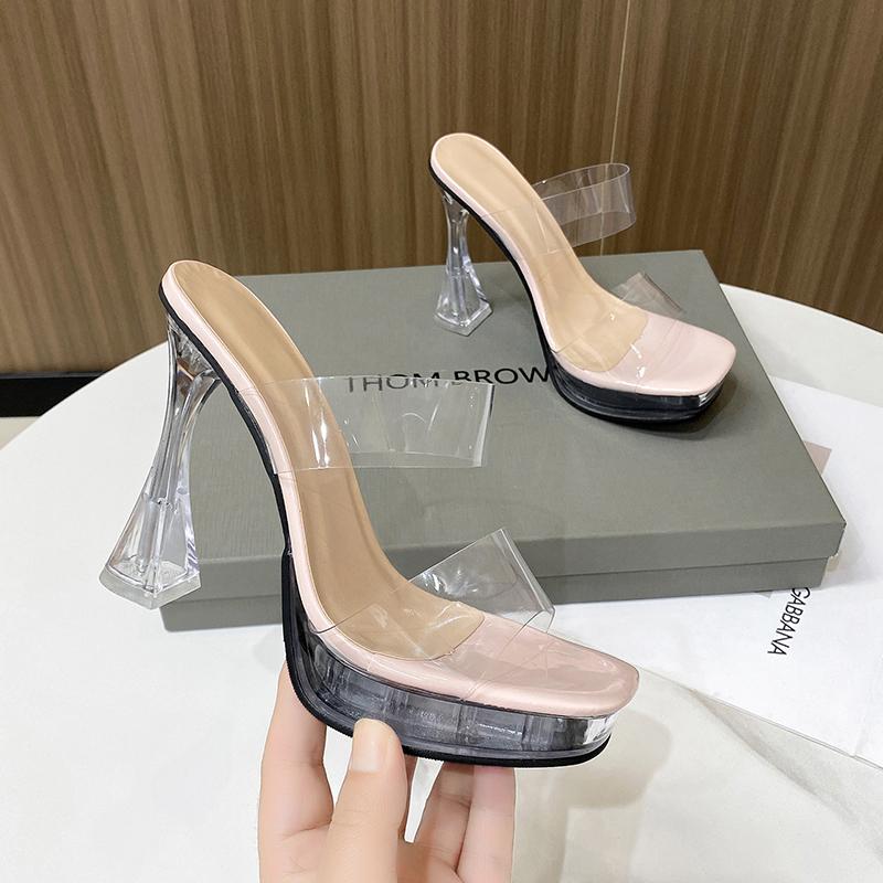 Voesnees Stripper Shoes 2024 New Summer Woman Sandals Elegant High Heels Clear Fine Mules Platform Outside Ladies Shoes
