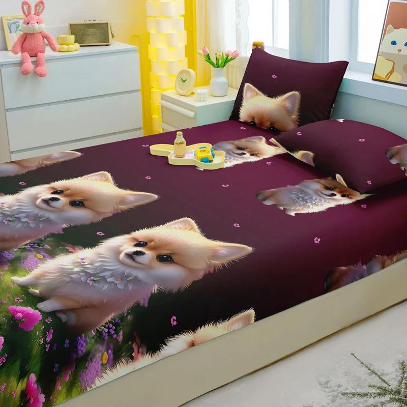 1 Cartoon Fun Animal Printed Matte Fitted Sheet, Bedroom Printed Bed Cover, Bedding (Excluding Pillowcases)