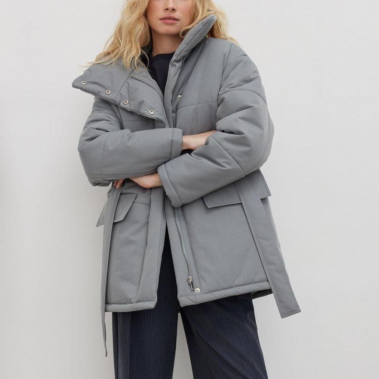

Women Temperament Jacket Autumn Winter Medium Long Stand Collar Belted Cotton Coat with Irregular Button Design S серый
