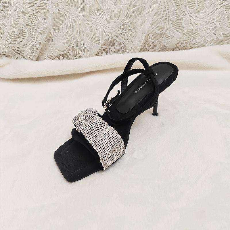 

One word with rhinestone thin root high heel sandals new fairy style new summer square head shoes high sense 40 чёрный