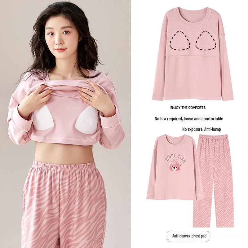Women's Cartoon Long-Sleeve Pajamas with Chest Pads - Lightweight Home Loungewear for Autumn and Spring